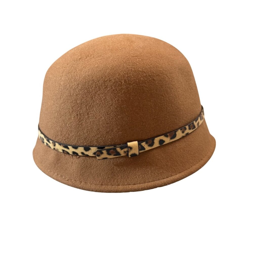 Camel Wool Cloche Hat With Leopard Print Band & Buckle Accent